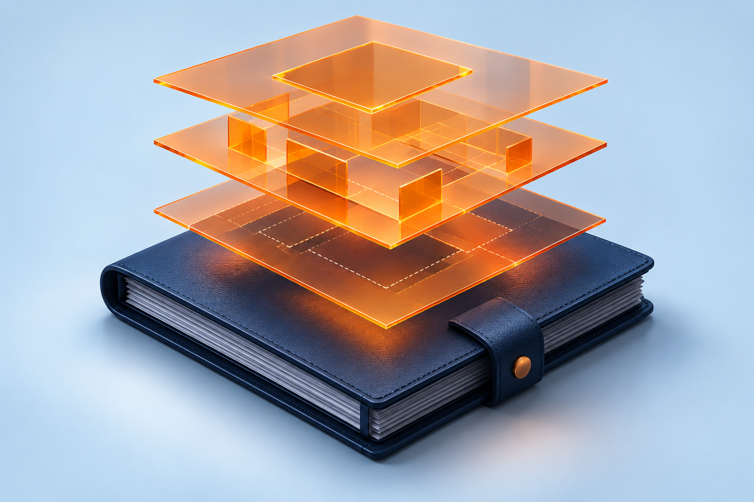Navy policy folio with translucent amber layers, illustrating an Agent Behaviour Policy